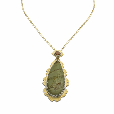 Ginkgo Leaf Picture Jasper and Sunstone Pendant Necklace