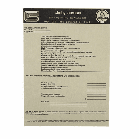 1966 Shelby GT350 Window Sticker