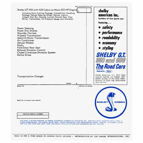 1967 Shelby GT500 Window Sticker