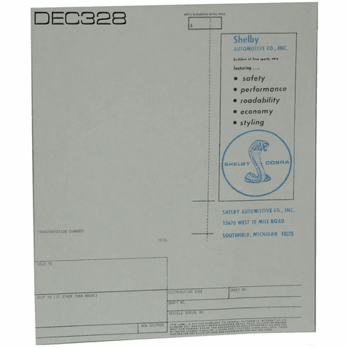 1969-70 Shelby GT350 & GT500 Window Sticker
