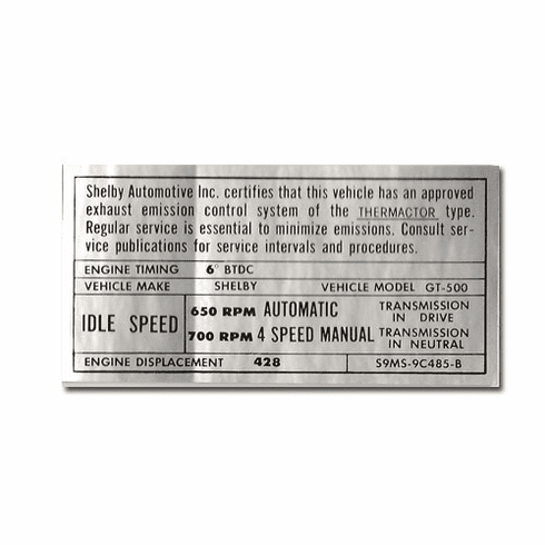 1969-70 Shelby GT500 Engine Spec & Timing Decal
