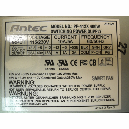 ANTEC 400W POWER SUPPLY P/N PP-412X