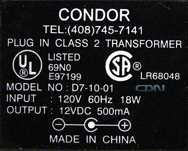 CONDOR/HON-KWANG 18W AC ADAPTER P/N D7-10-01