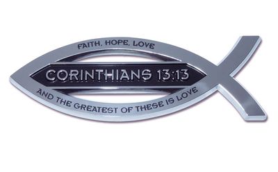 Christian Fish Chrome Auto Emblem (Corinthians 13:13 w/ Scripture)