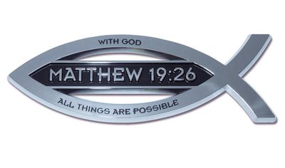 Christian Fish Chrome Auto Emblem (Matthew 19:26 w/ Scripture)