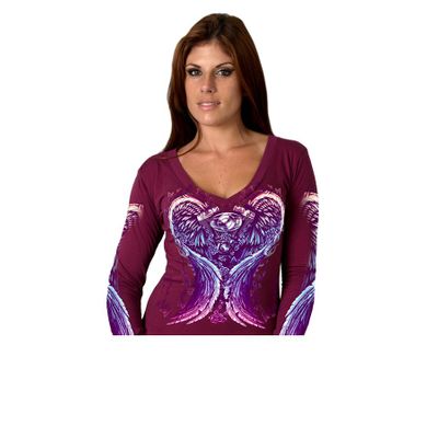 Folded Angel Wings Ladies Long Sleeve Tee Stained Wine