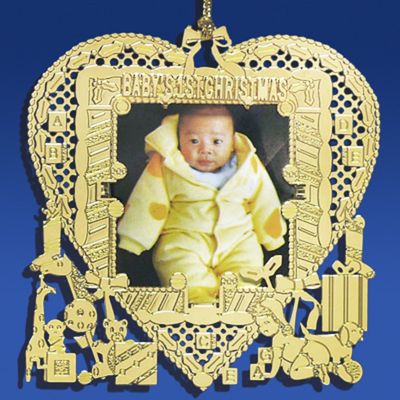 Gold Plated Brass Baby's First Christmas Photo Frame Ornament