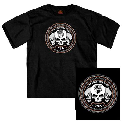Men's Skull Trio Double Sided T-Shirt Live Free Ride Free Biker For Life T-Shirt
