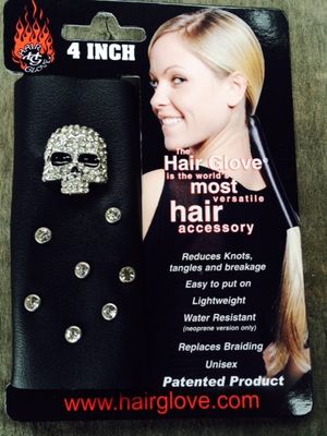 Metal Skull and Rhinestones on genuine black leather 4"  Hair Glove