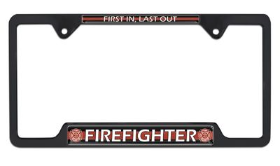 Firefighter Open Black All Metal License Plate Frame