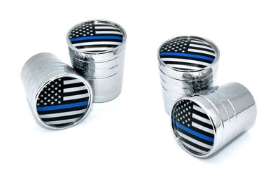 Police Flag Universal Valve Stem Caps - Shiny Aluminum Chrome Smooth