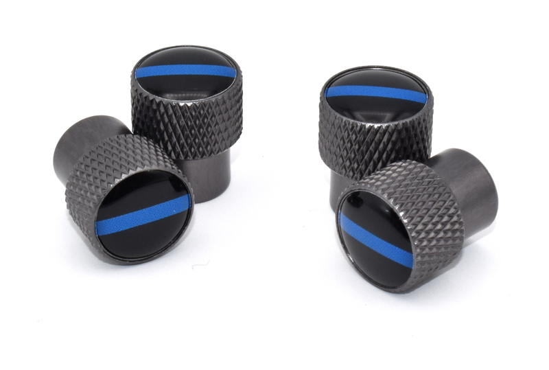 Police Thin Blue Line Valve Stem Caps Black Aluminum Knurling