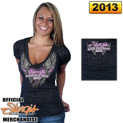 Official 2013 Sturgis Motorcycle Rally Ladies Mirror Wings Black V-Neck Burnout Tee