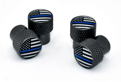 Police Universal Valve Stem Caps Thin Blue Line Flag - Black Chrome Knurlingg