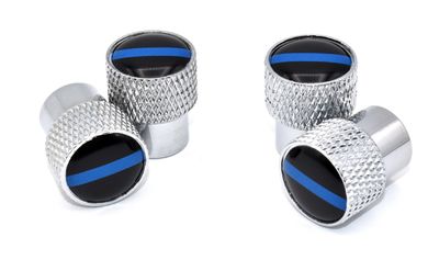 Police Thin Blue Line Universal Valve Stem Caps - Shiny Chrome Aluminum Knurling