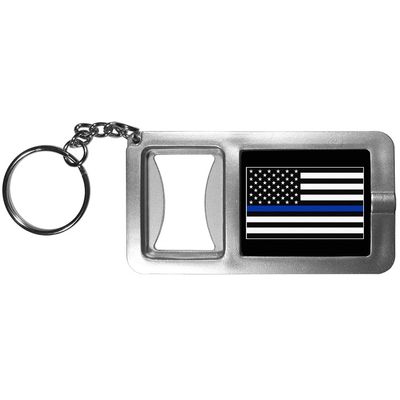 Thin Blue Line Police Flag Flashlight Key Chain with Bottle Opener