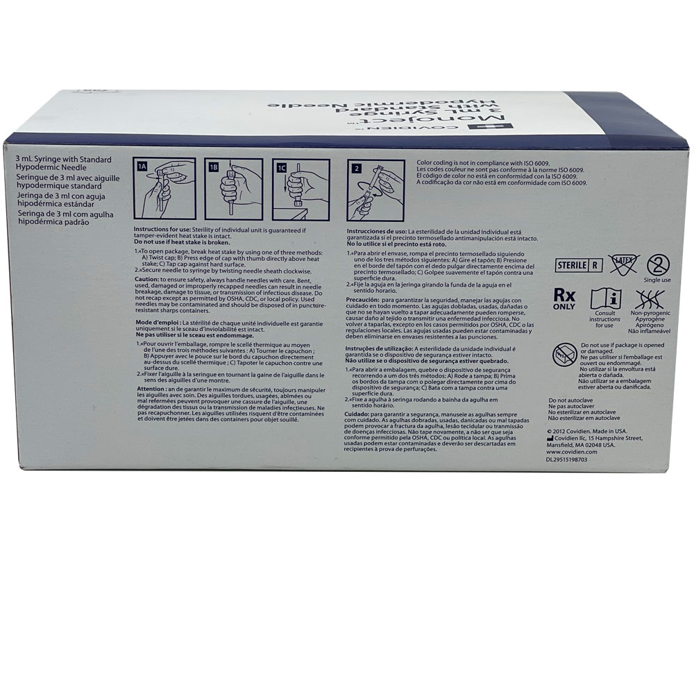 Monoject 3 mL Syringe 23G x 1" with Standard Hypodermic Needle (each