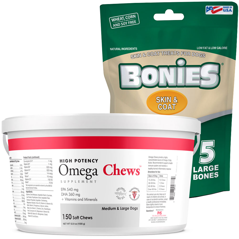 Omega Chews for Medium & Large Dogs (150 Soft Chews) + FREE BONIES Skin & Coat Health MultiPack