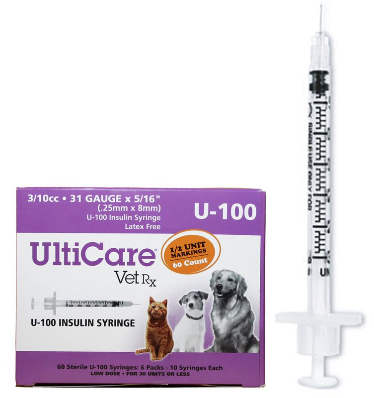 Veterinary Insulin Syringes U-100 0.3cc - 31G Ultra Fine Needles For Diabetic Pets