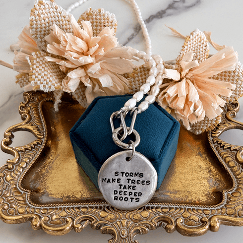 Anchored Words - Pearl & Pewter Pendant Necklace