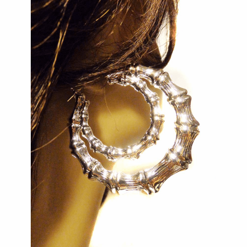 Large Bamboo Hoop Earrings Silver Tone Double Hoops
