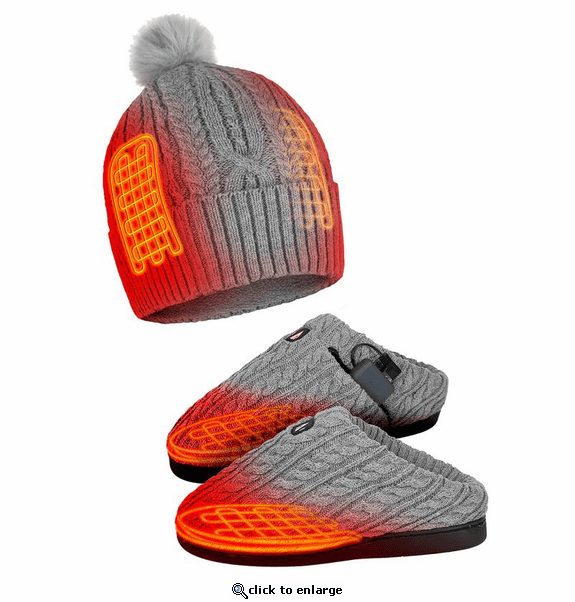 ActionHeat 5V Battery Heated Cable Knit Hat & Slippers Bundle