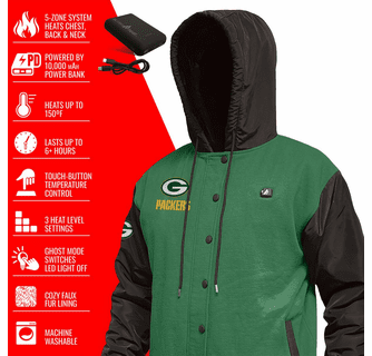 ActionHeat Green Bay Packers 5V Battery Heated Varsity Jacket