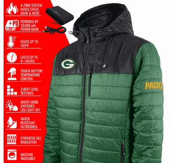 ActionHeat Green Bay Packers 5V Men's Colorblock Puffer Battery Heated Jacket