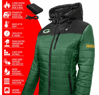 ActionHeat Green Bay Packers 5V Women's Colorblock Puffer Battery Heated Jacket