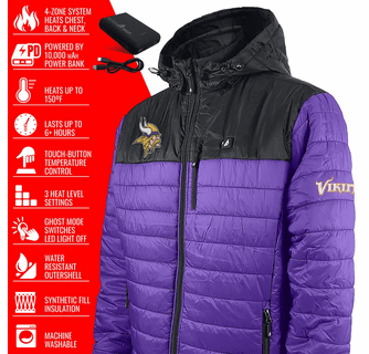 ActionHeat Minnesota Vikings 5V Men's Colorblock Puffer Battery Heated Jacket