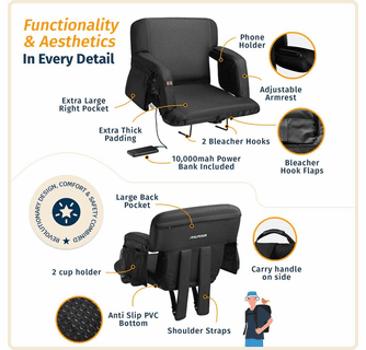 Alpcour Premium Reclining Heated Massage Stadium Seat with Armrests - Wide/Black