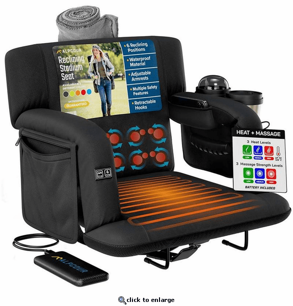 Alpcour Premium Reclining Heated Massage Stadium Seat with Armrests - Wide/Black