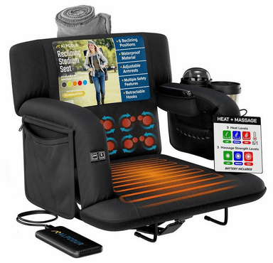 Alpcour Premium Reclining Heated Massage Stadium Seat with Armrests - Wide/Black