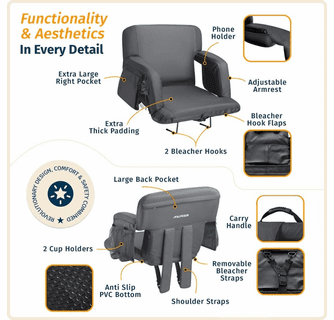Alpcour Premium Reclining Stadium Seat with Armrests and Side Pockets - Wide