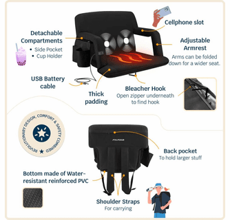 Alpcour Reclining Heated Massage Stadium Seat with Armrests - Wide/Black
