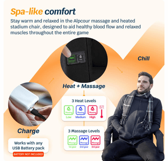 Alpcour Reclining Heated Massage Stadium Seat with Armrests - Wide/Black