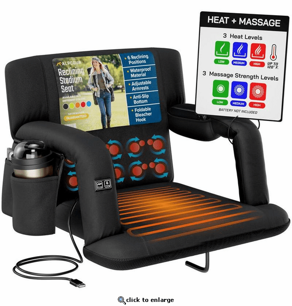 Alpcour Reclining Heated Massage Stadium Seat with Armrests - Wide/Black
