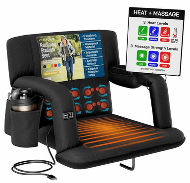 Alpcour Reclining Heated Massage Stadium Seat with Armrests - Wide/Black