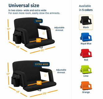 Alpcour Reclining Stadium Seat with Armrests and Side Pockets - X-Wide