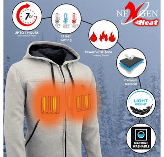 Nexgen Heat Men's Fiery Heated Hoodie Silver Zipper Front Sweatshirt Jacket with Battery Pack