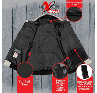 Nexgen Heat Men's Fiery Heated Hoodie Silver Zipper Front Sweatshirt Jacket with Battery Pack