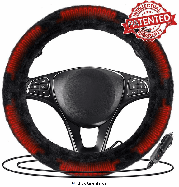 Zone Tech 12V Car Steering Wheel Plush Heated Cover - Classic Black