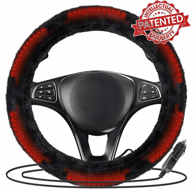 Zone Tech 12V Car Steering Wheel Plush Heated Cover - Classic Black