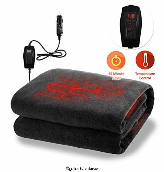 Zone Tech 12V Fireproof Car Heated Travel Blanket - Classic Black