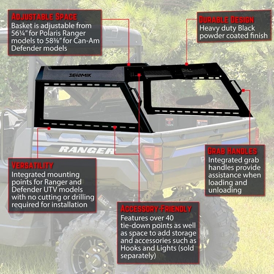 Seizmik Half Height Bed Rack - Full-Size Polaris Ranger, Can-Am Defender - alt image 11
