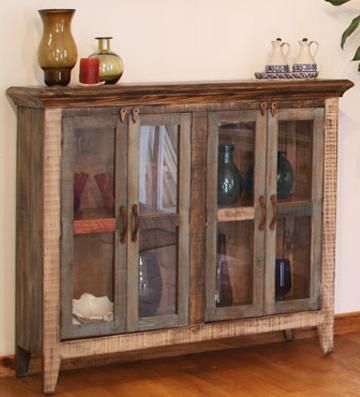 Antique Multicolor Console with Four Glass Doors