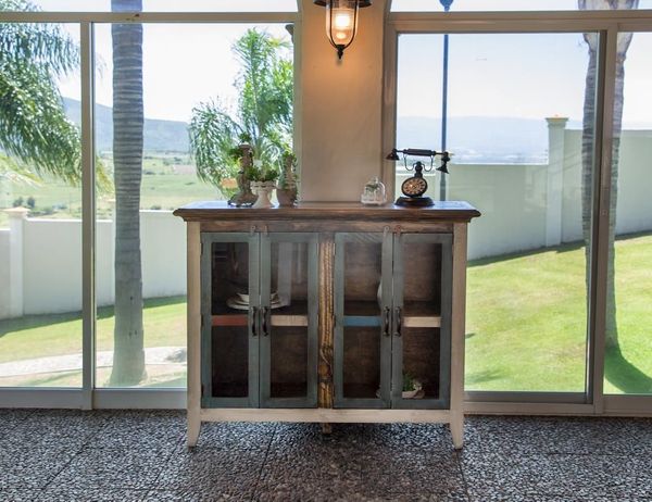 Antique Multicolor Console with Four Glass Doors