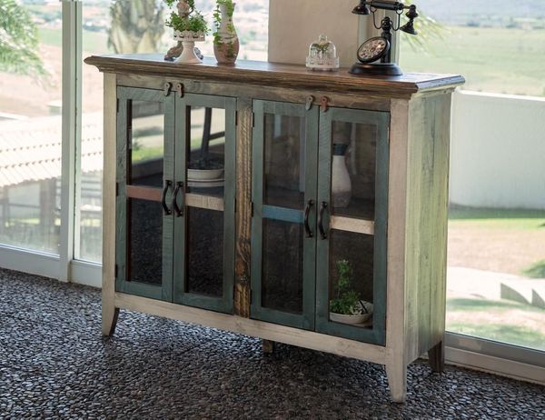 Antique Multicolor Console with Four Glass Doors