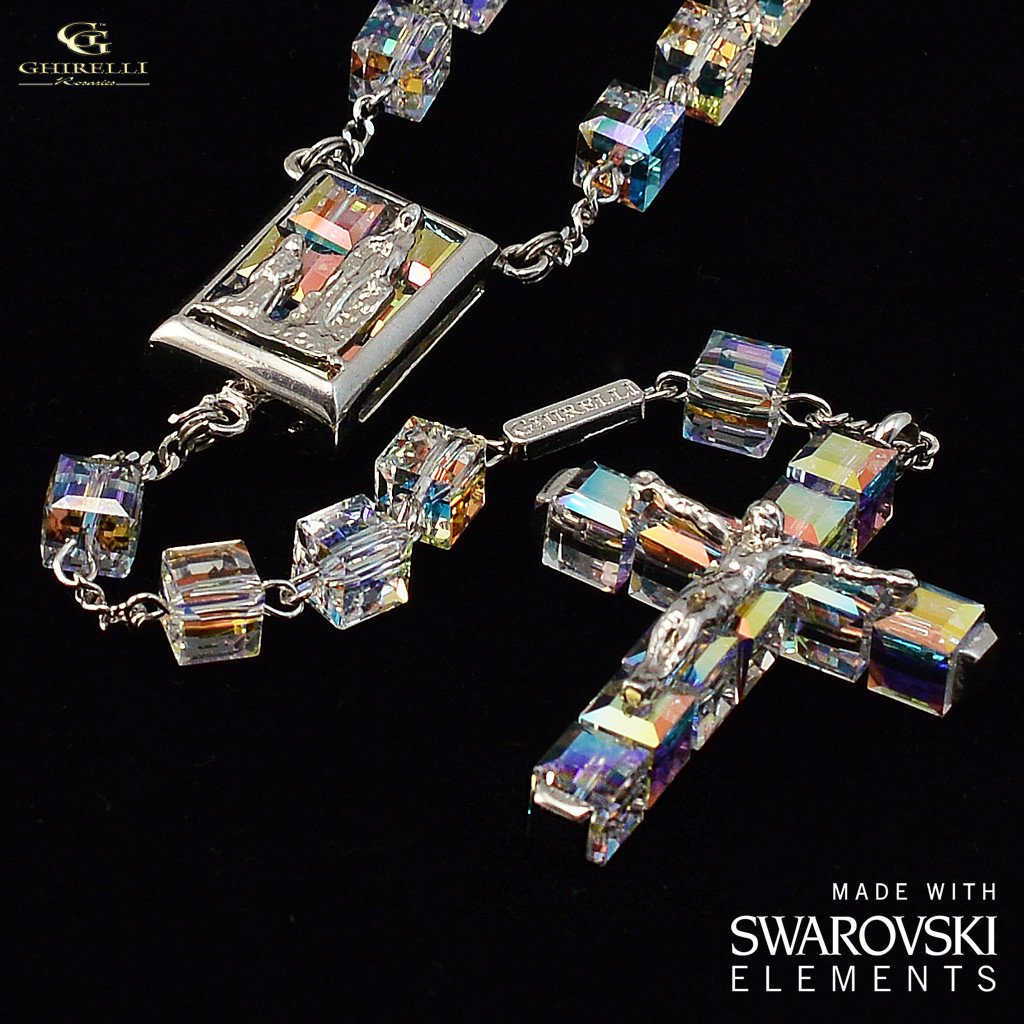 Swarovski 6 mm Aurora Borealis Cube Sterling Silver Precious Rosary