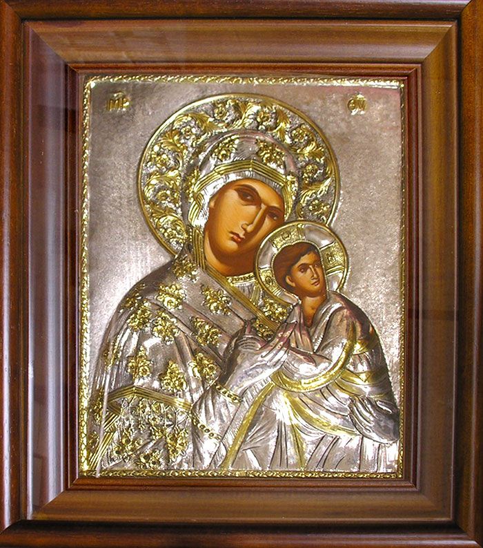 Virgin Mary & Child Silver 925 Hand Painted Icon in Wooden Frame